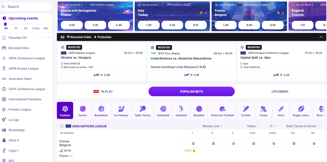 RoboCat Casino section paris sportifs avec cotes boostées, matchs de football, tennis et autres événements sportifs